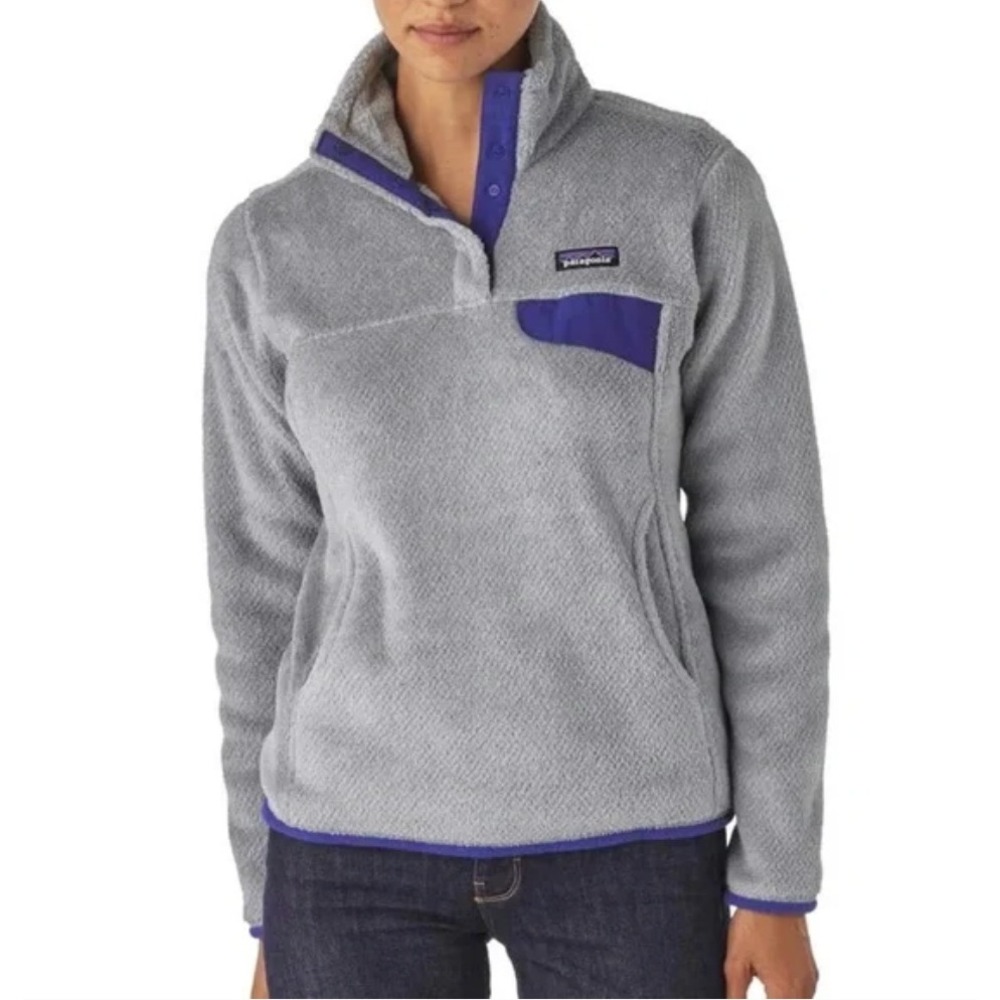 Patagonia Re-Tool Snap-T Fleece Pullover Gray Blue Trim Womens Medium 25442